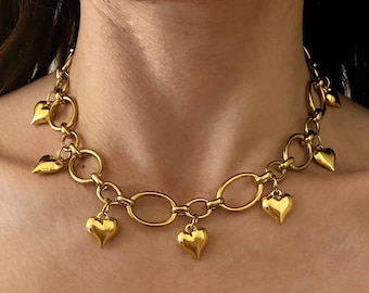 Hearts necklace, gold tone hearts necklace, Puffed heart charms necklace, gold color choker with hearts, chunky puffy hearts necklace