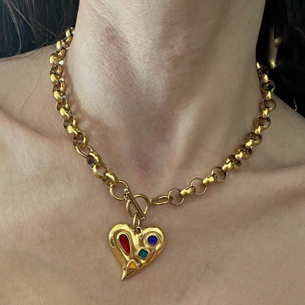 Collier coeur, collier coeur en or, gros morceaux en or, collier chaîne rolo, bijoux esthétiques rétro, collier à bascule avec coeur
