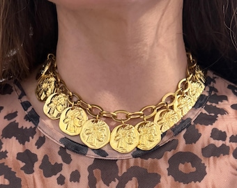 Multi coin  necklace , gold tone charms necklace