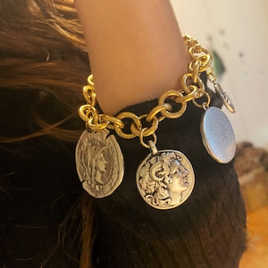 Coins bracelet, multi charm bracelet, gold silver chunky bracelet, large Greek coin bracelet, oversized ethnic style bracelet