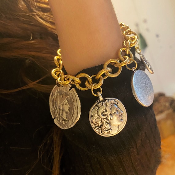 Coins Bracelet, Multi Charm Bracelet, Gold Silver Chunky Bracelet, Large  Greek Coin Bracelet, Oversized Ethnic Style Bracelet - Etsy