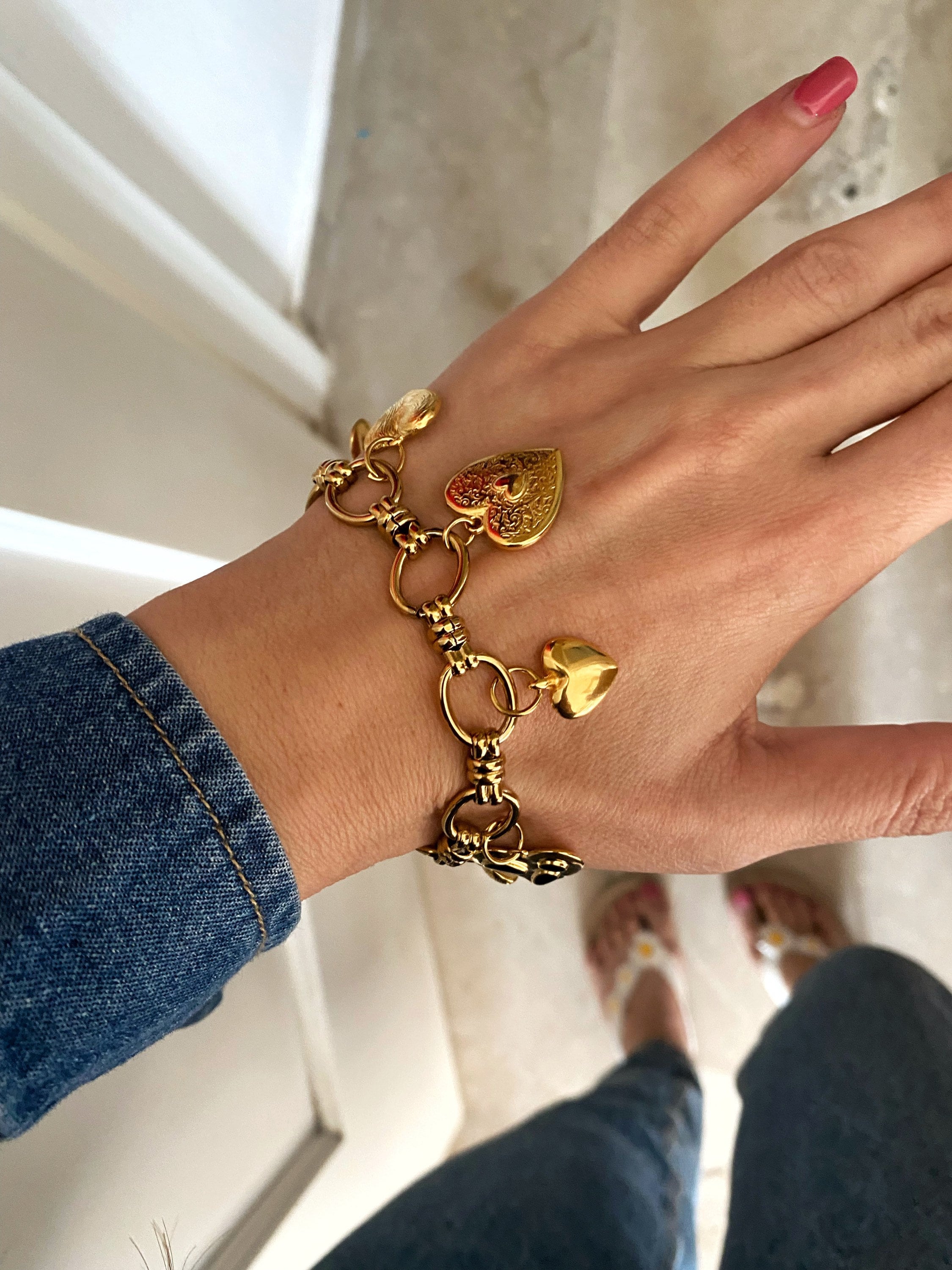 Heart Charms Bracelet, Gold Heart Bracelet, Gold Chunky