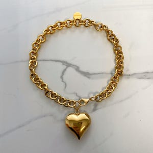 Heart necklace, gold tone heart necklace, puff heart pendant, chunky chain with puffed heart,  heart choker for woman, gift for daughter