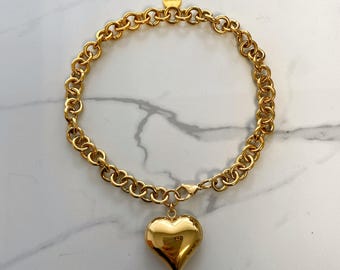 Heart necklace, gold tone heart necklace, puff heart pendant, chunky chain with puffed heart,  heart choker for woman, gift for daughter