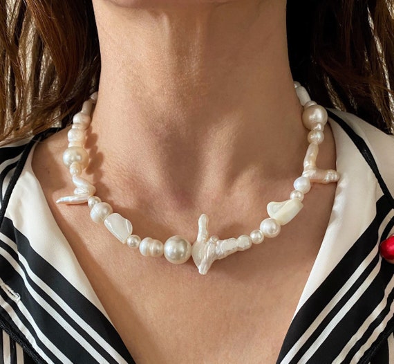 Baroque Pearl Necklace, Mismatched Big Pearl Beads Necklace