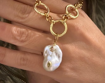 baroque pearl pendant necklace, three charm holder chain