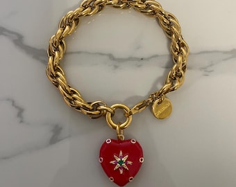 Chunky Gold Tone Bracelet, Enamel Red Heart Charm
