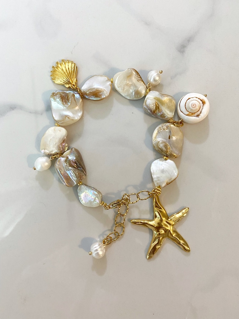 Oversized shells and clam bracelet, boho bridal jewelry, summer beach wedding jewelry, shell charm bracelet, natural clam charms bracelet image 5