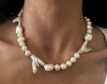 mismatched big pearl necklace, irregular pearls necklace, real pearl necklace, large fresh pearls choker, boho bridal jewelry