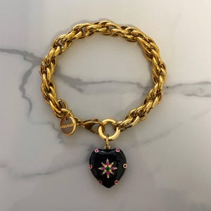 Heart bracelet, chunky gold tone bracelet with enamel heart charm,  bracelet for woman, summer heart bracelet, Christmas jewelry