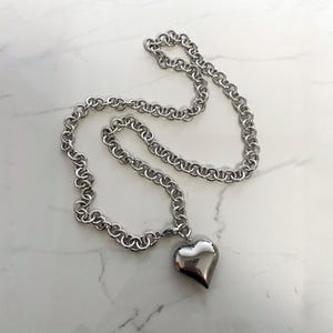 Heart necklace, silver  tone heart necklace, puff heart pendant, chunky chain with puffed heart,  long heart  for woman, very long necklace