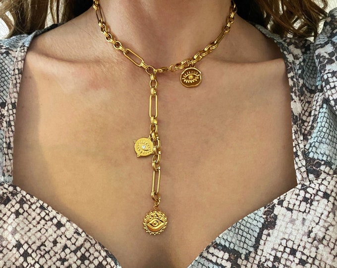 Coin necklace for woman, gold tone  coin charm necklace, steel chain with three evil eye charms, gold color necklace , medallion collier