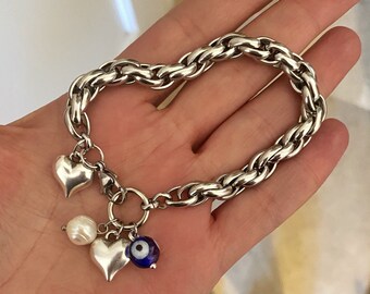 Puffed heart bracelet, chunky silver bracelet, retro style bracelet, heart charm bracelet, large thick chain jewelry, Valentine’s Day Gift