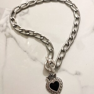 Sacred Heart Pendant Necklace, Silver Chain, Black Enamel image 4