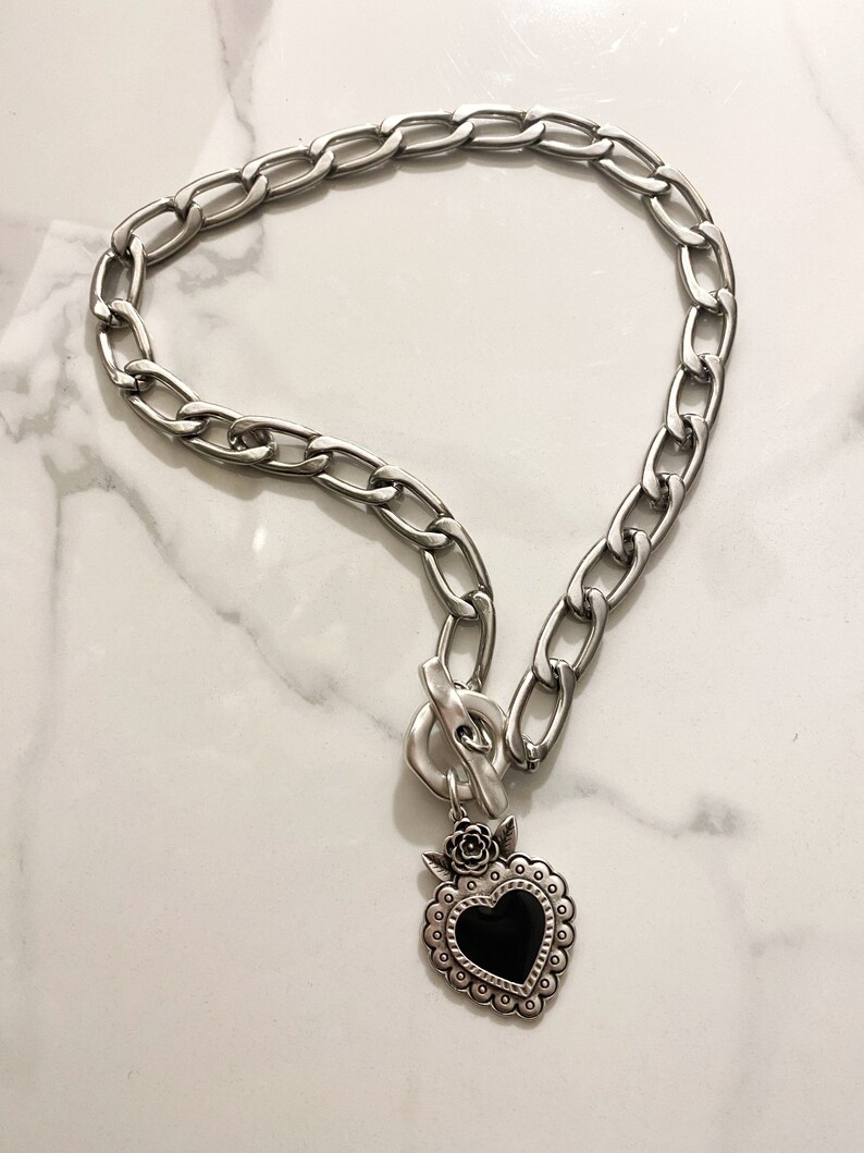 Sacred Heart Pendant Necklace, Silver Chain, Black Enamel image 4