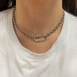 Collier mousqueton, collier à fermoir à vis, collier à breloques, collier en acier argenté, gros bijoux, collier minimaliste moderne image 6
