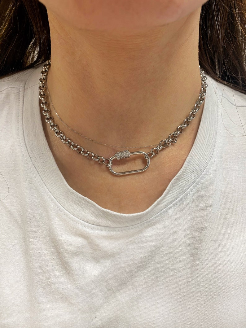 Collier mousqueton, collier à fermoir à vis, collier à breloques, collier en acier argenté, gros bijoux, collier minimaliste moderne image 6