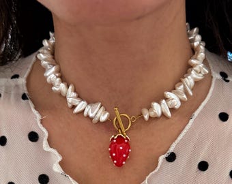 Strawberry Pendant Necklace: Acrylic Charm, Pearl Accent, Y2K Jewelry