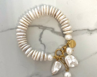 Pearl bracelet, chunky raw irregular pearl bracelet, freshpearl charm bracelet, bridal jewelry, large pearl bracelet