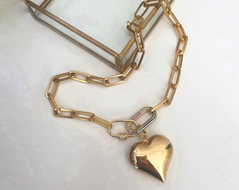 Puffy heart necklace, zircon carabiner necklace, paperclip chain necklace, gold heart necklace. Chunky aesthetic jewelry