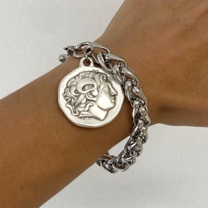 coin  bracelet, chunky silver tone chain bracelet, big coin bracelet, retro vintage  style bracelet, oversized coin bracelet for woman