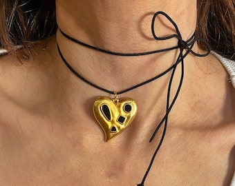 Gold Plated Heart Pendant, Black Cord Wrap Choker
