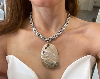 Statement Shell Pendant Necklace: Silver Tone Steel Chain,  Creamy Shell