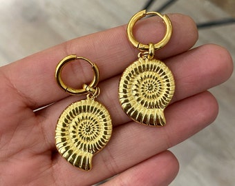 Gold plated shell earrings, hoops with charms, gold nautilus earrings, summer jewelry, gift for daughter, mermaid core, boho chic jewelry