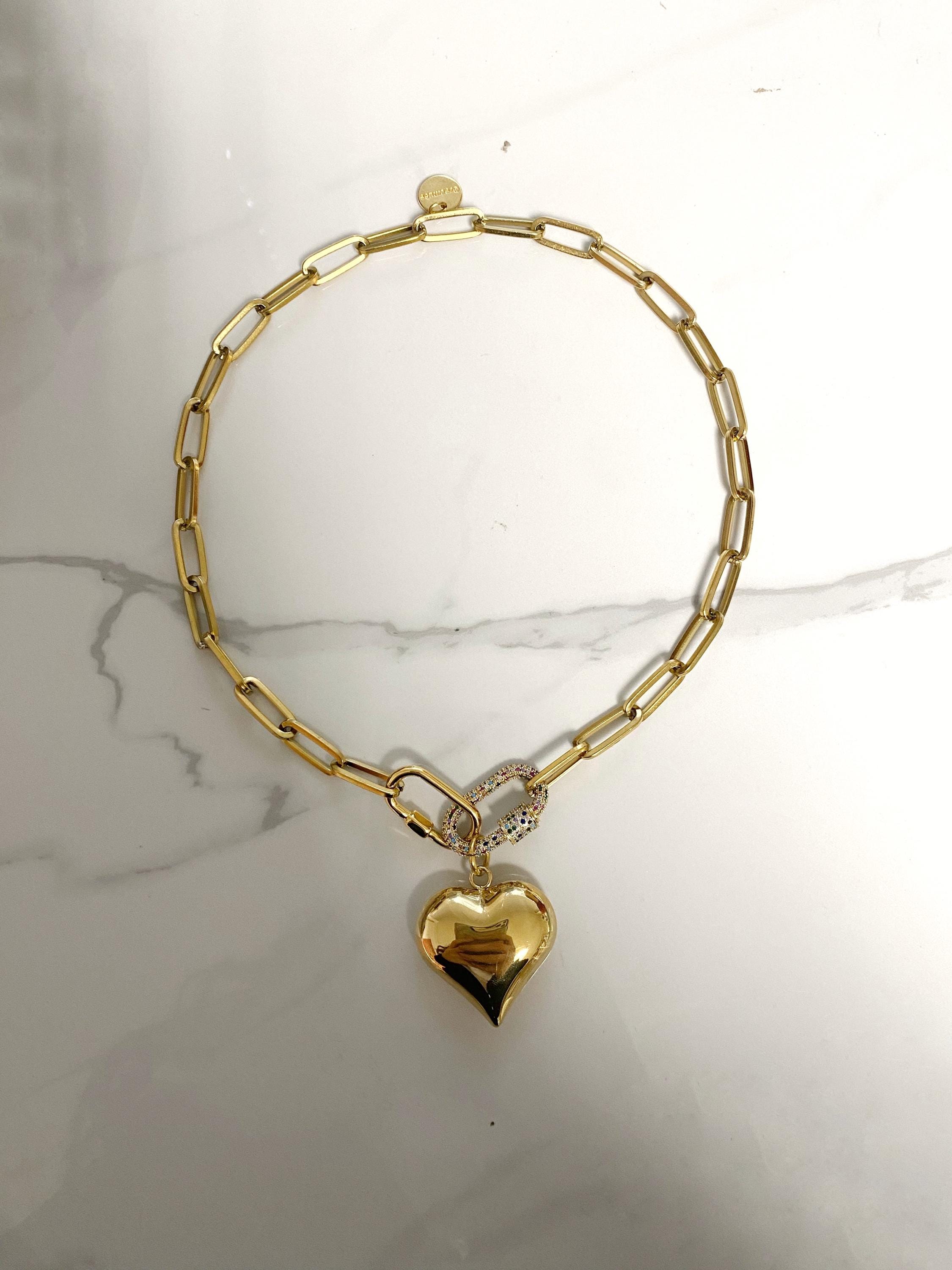 Puffy Heart Necklace, Carabiner Rainbow Lock Necklace