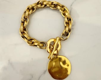 coin bracelet, gold tone chunky bracelet