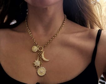 Multi charm chain necklace, star moon charms necklace