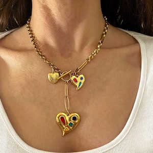Gold tone  heart necklace, heart charms necklace, steel chain necklace with charms, toggle necklace, aesthetic jewelry, Valentine’s Day gift
