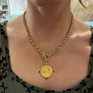 Coin necklace, large coin necklace for women, gold tone chunky necklace, Greek coin jewelry,  gift for wife, gift for mother