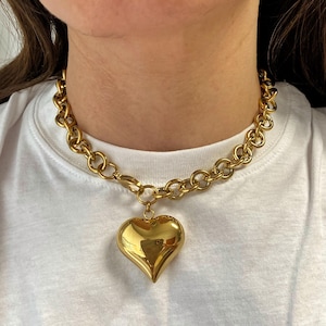 Heart necklace, gold tone heart necklace, puff heart pendant, chunky chain with puffed heart,  heart choker for woman