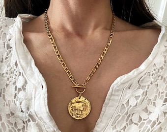 Gold tone coin necklace,  large Athina coin necklace, big gold necklace, long gold color,  chain necklace, chunky bulky jewelry