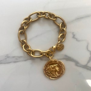 coin bracelet for woman, huge gold tone coin bracelet, big coin bracelet, retro style bracelet, large bulky chain bracelet, oversized coin