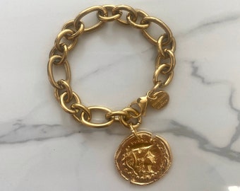 coin bracelet for woman, huge gold tone coin bracelet, big coin bracelet, retro style bracelet, large bulky chain bracelet, oversized coin