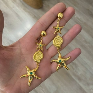 starfish earrings, gold shell jewelry, summer dangle earrings, y2k aesthetic, Mermaid core, long sea theme earrings, large earrings