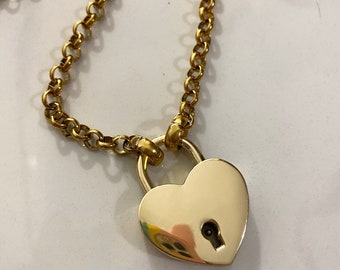 Padlock Necklace, Heart Pendant, Gold Chunky Necklace, Large