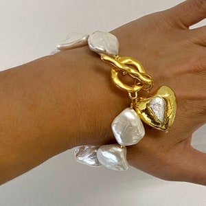 imitation pearl  bracelet, toggle bracelet with heart charm, irregular beads bracelet, boho bridal  jewelry, chunky bracelet for woman