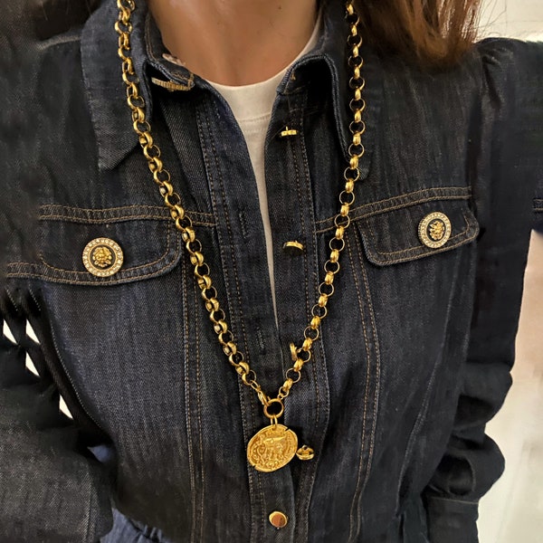 gold tone  coin necklace, big coin necklace, boho medallion charm , Large coin necklace, mottete collier,  long necklace, greek coin jewelry