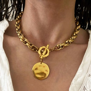 Gold tone coin necklace, large disc pendant necklace, big gold color  necklace, chunky  steel chain with coin,  toggle necklace for woman