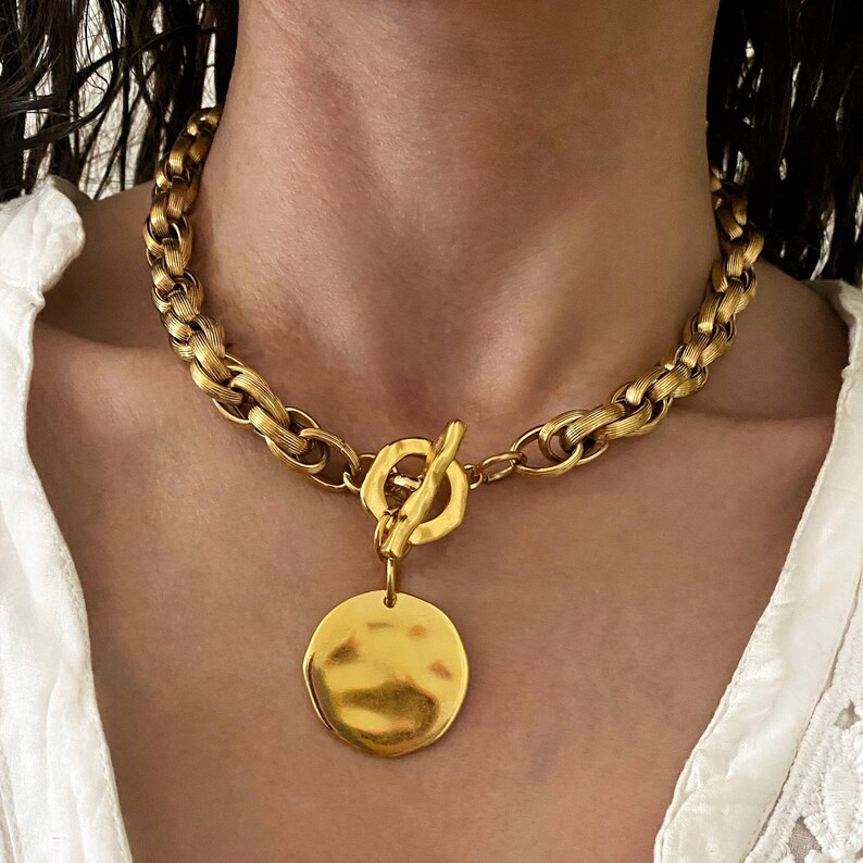 Gold tone coin necklace, large disc pendant necklace, big gold color necklace, chunky steel chain with coin, toggle necklace for woman image 1