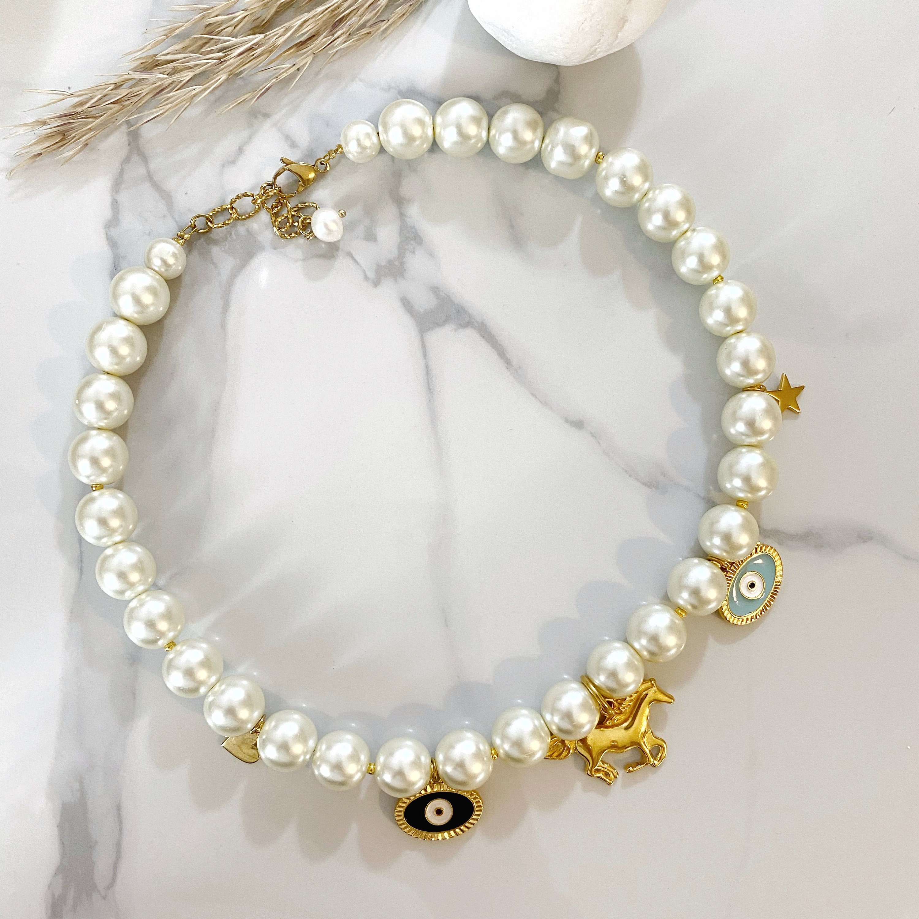 Big Pearl Necklace Xl Glass Pearls Choker With Charms Evil - Etsy