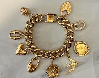 Large Charm Bracelet,  gold tone chain bracelet , statement  jewelry