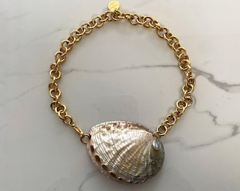 Abalone Shell Necklace: Chunky Steel Chain, Mermaidcore Jewelry