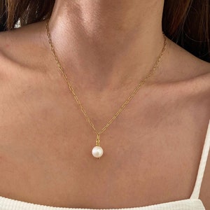 Pearl charm necklace, elegant chain with fresh pearl pendant, necklace for woman, bridal necklace, chain necklace, minimal necklace image 1