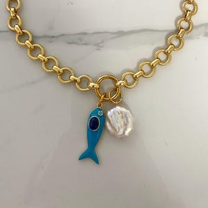 Blue  fish necklace, irregular pearl pendant necklace, removable charm necklace,  chunky summer jewelry for woman, round chain