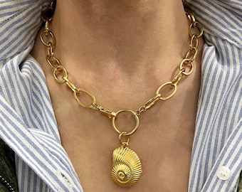 Gold plated shell necklace, shell pendant necklace, summer jewelry, large seashell necklace, chunky jewelry, mermaid core