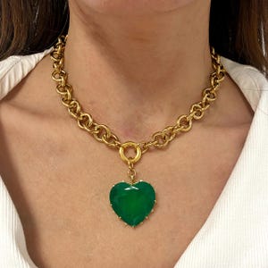 Green heart necklace, chunky heart necklace, heart pendant necklace, necklace for woman, large statement necklace